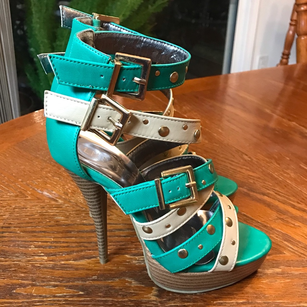Gorgeous Tan, Teal & Gold Studded Double Ankle Strap High Heels! - Picture 2 of 16
